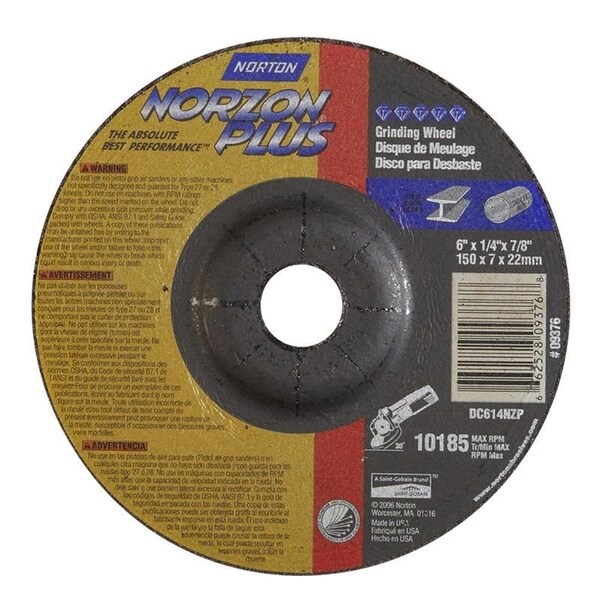 Norton Co Grinding Wheel, Depressed Center, Type 27 - Metal - NorZon Plus, 6 x 1/4 x 7/8, Max RPM: 10185 662528-09376 - main